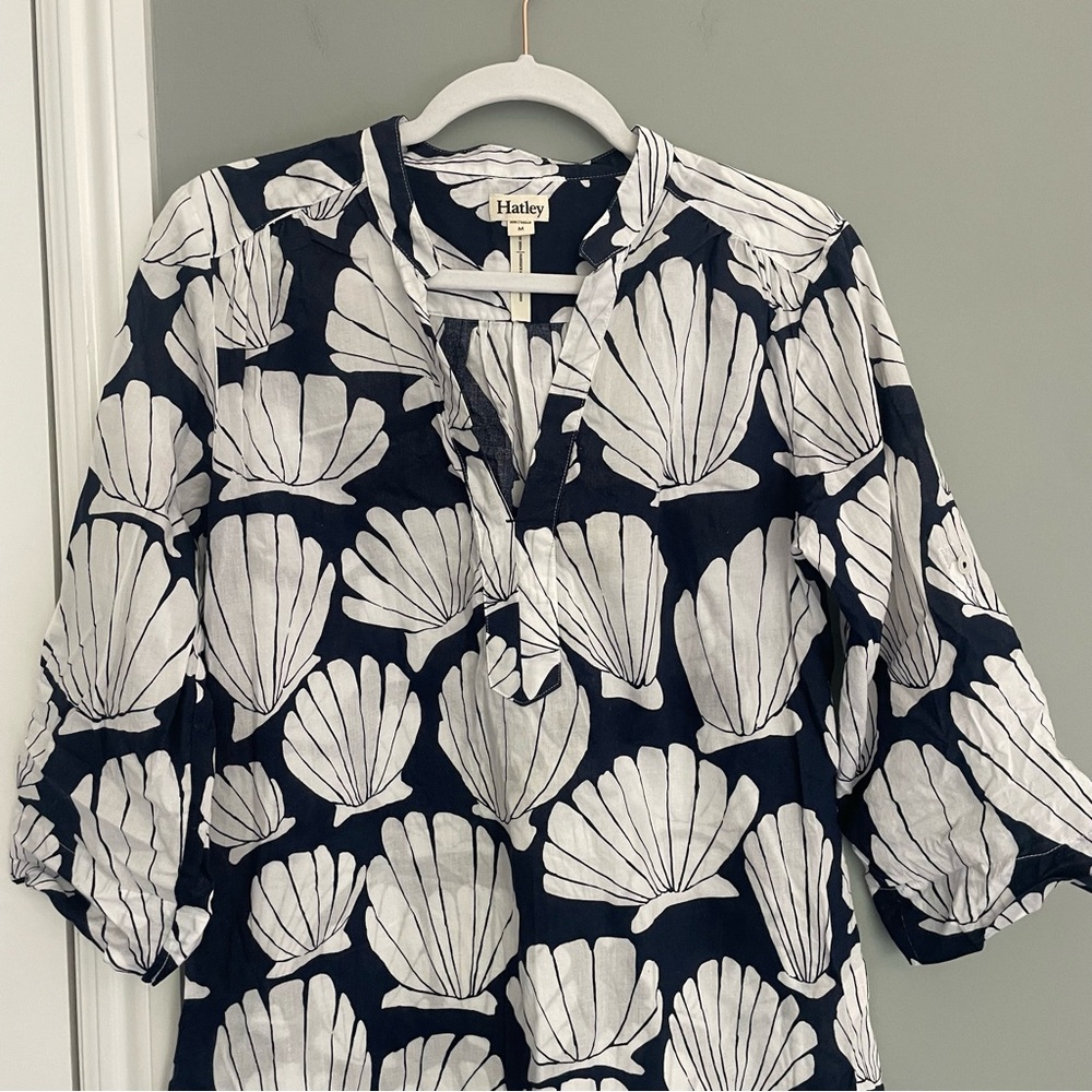 Hatley 100% Cotton Navy White Seashell Print Summer Coastal Mini Dress Coverup - Picture 3 of 16